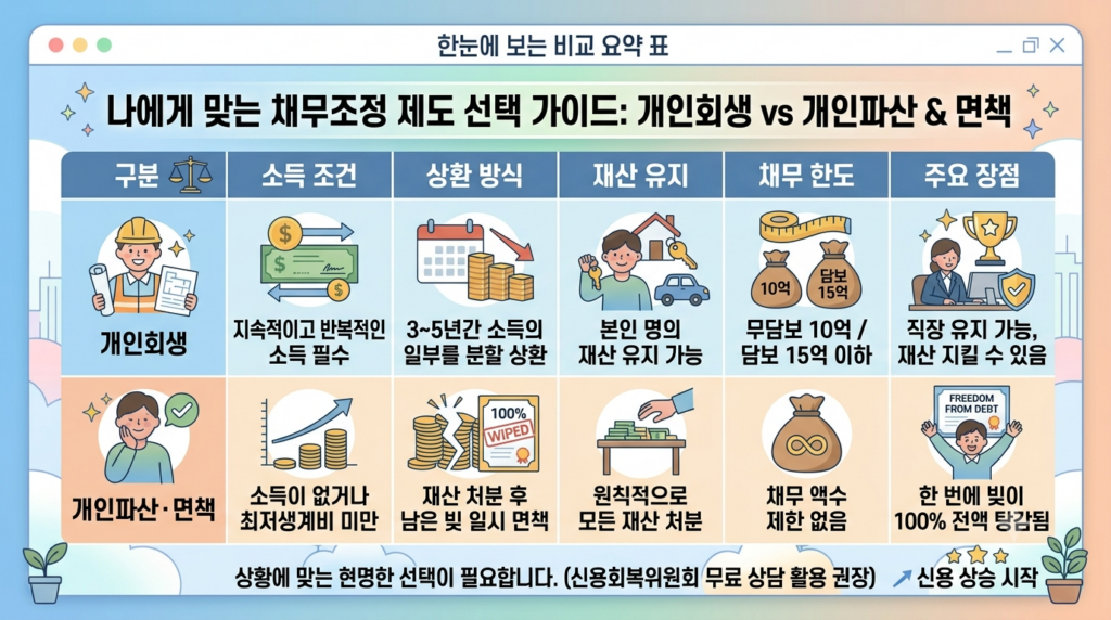 개인파산 개인회생 비교 요약 표