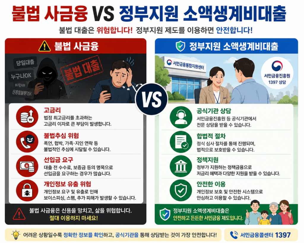 불법 대출 vs 정부 소액생계비대출 비교