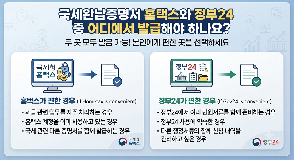 국세완납증명서 홈택스와 정부24 중 어디에서 발급해야 하나요