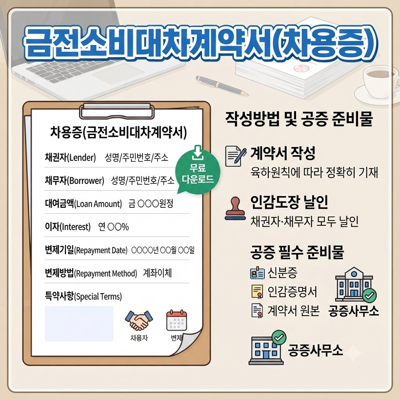 금전소비대차계약서 차용증 양식 무료 다운로드