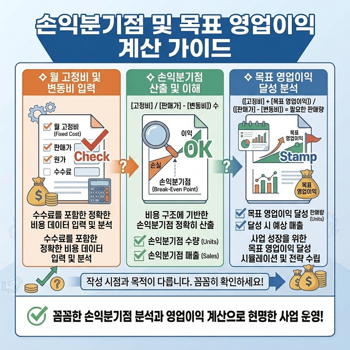 손익분기점 계산기 화면 (월 고정비·판매가·변동비 입력)