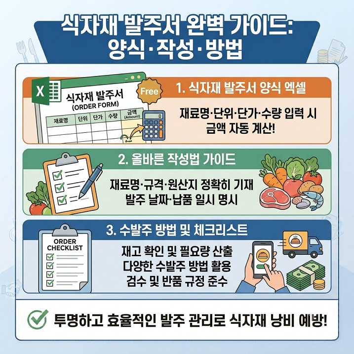 식자재 발주서 양식 엑셀 (재료명·단위·단가·수량·금액 자동계산)